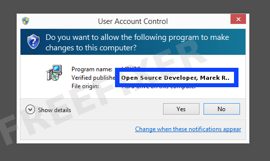 Screenshot where Open Source Developer, Marek Roszko appears as the verified publisher in the UAC dialog